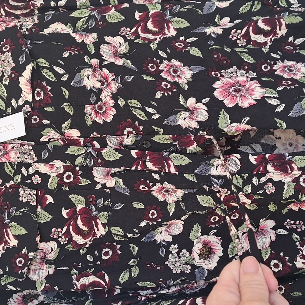 NWT MAGAZINE Black Floral Blouse with Pink and Cream Accents & Drawstring Waist - Picture 2 of 8
